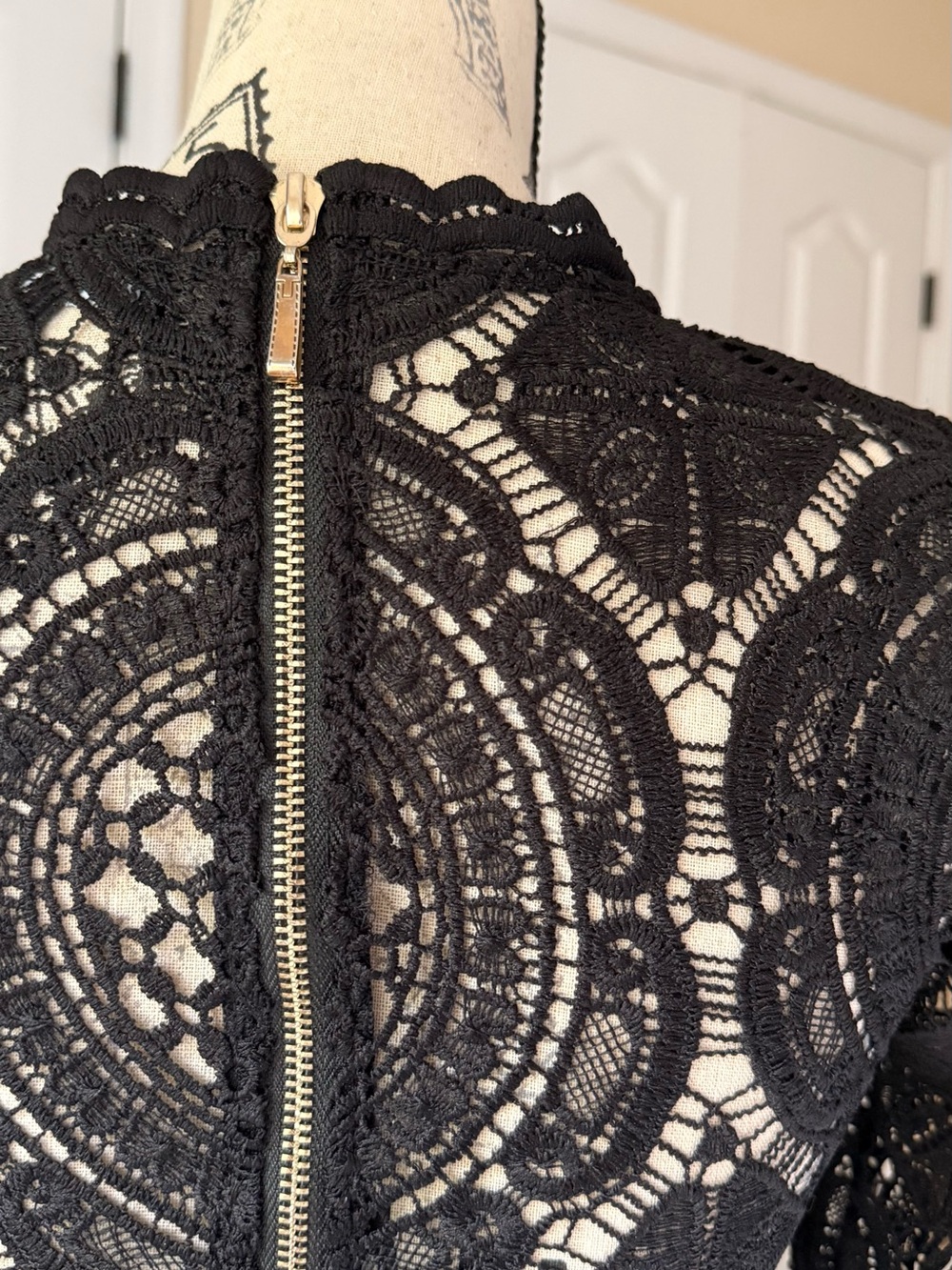 Lulus Black Crochet Lace Crop Top Long Sleeve Mock Neck Back Zip - Picture 3 of 4